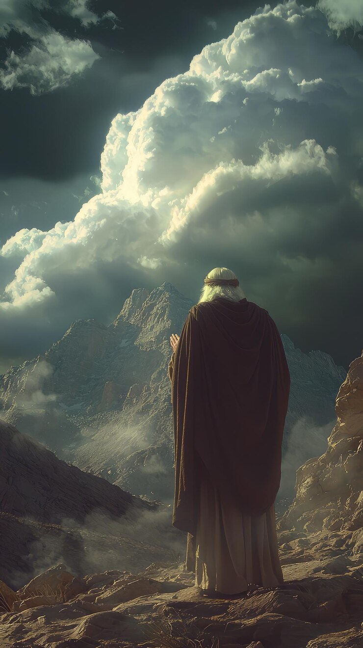 Foto moisés orando en el monte sinaí rodeado de dramáticas nubes de trueno y majestuosas montañas evoca un sentido de reverencia y asombro escena captura un momento de profunda espiritualidad y conexión con la naturaleza