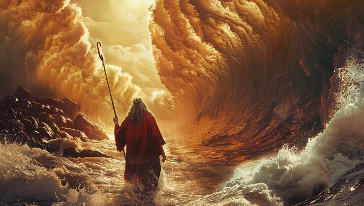 Foto moisés, segurando a vara da vida, atravessou o mar vermelho com duas grandes ondas à frente e atrás dele