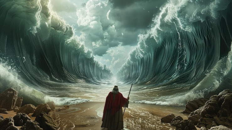 Foto moisés separando o mar vermelho com altas muralhas de água em ambos os lados