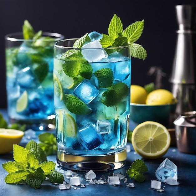 Mojito azul con cubitos de hielo de menta y limón refresco en la mesa azul Ai Generado