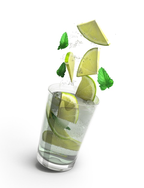 Mojito-Cocktail 3D-Render isoliert auf weißem Hintergrund