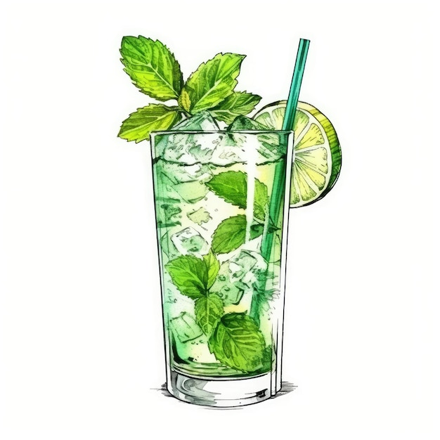 Mojito Cocktail aislado en blanco dibujado con acuarela generativa AI