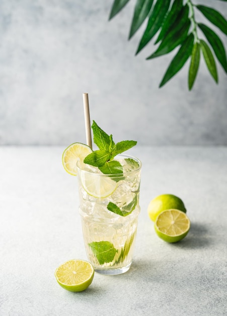 Mojito-Cocktail in einem hohen Glas mit Limettenminze und Eis auf einem hellen Hintergrund Trendiges Sommer-Erfrischungsgetränk-Konzept