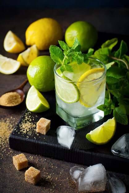 Mojito-Cocktail in Glas mit Limette, frischer Minze und Eis im Dunkeln.