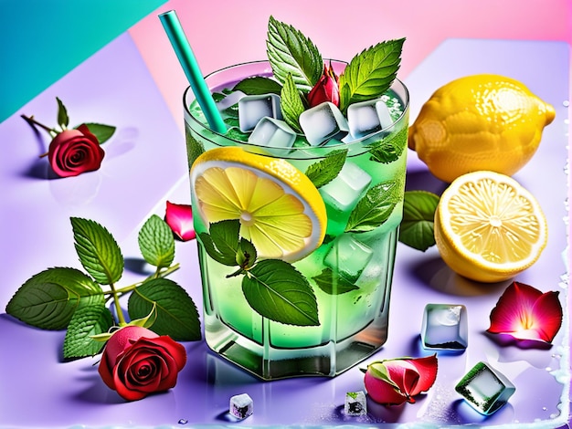 Mojito-Cocktail mit Eiswürfeln, Zitrone und Rosenblumen auf farbenfrohem Hintergrund