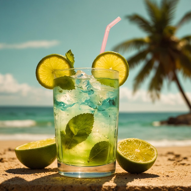 Foto mojito-cocktail mit limette auf tropischem strand-hintergrund