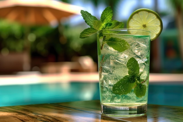 Mojito-Cocktail mit Limette und Minze in einem Glas auf dem Hintergrund des von der Pool-KI erzeugten Pools