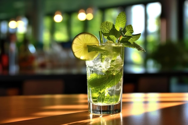 Mojito-Cocktail mit Limette und Minze in einem Glas auf einem Tisch in einem KI-generierten Café