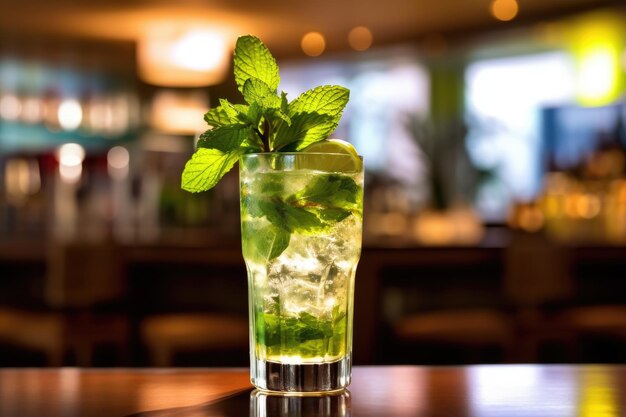 Mojito-Cocktail mit Limette und Minze in einem Glas auf einem Tisch in einem KI-generierten Café