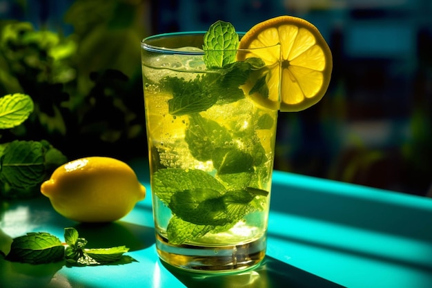 Mojito-Cocktail mit Zitronenminze und Eis auf blauem Hintergrund