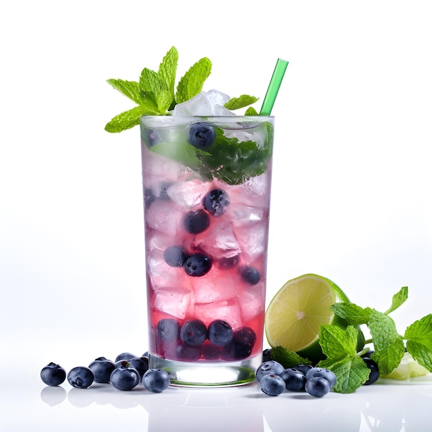 mojito de mirtilo com mirtilos e limonada Conjunto de mojitos isolados