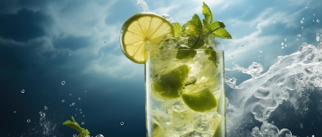 Mojito divino em meio a nuvens com lima e menta Bebida verde surreal com nuvens de fundo AI Generative