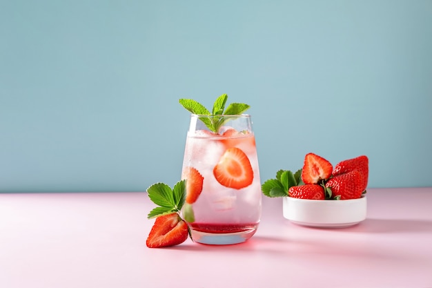 Mojito de fresa sobre fondo azul claro. Bebida refrescante de verano con espacio de copia. Naturaleza muerta moderna