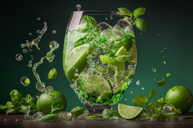 Mojito fresco frío con menta helada y lima en una ilustración de bebida de verano AI generativa