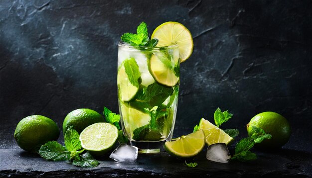 Foto mojito-getränk mit dunklem hintergrund