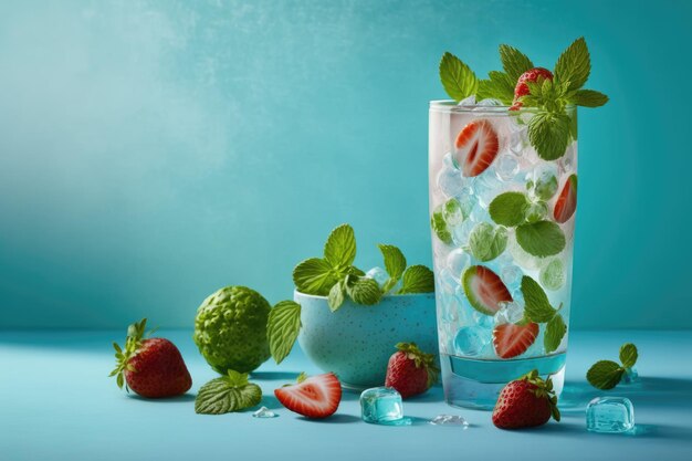 Mojito mit Erdbeeren pastellblauem Hintergrund Leichtes und erfrischendes Sommergetränk mit Platz