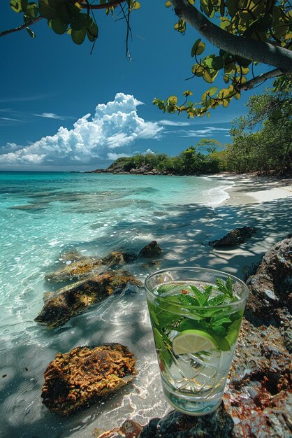 Foto mojito en una playa de arena blanca