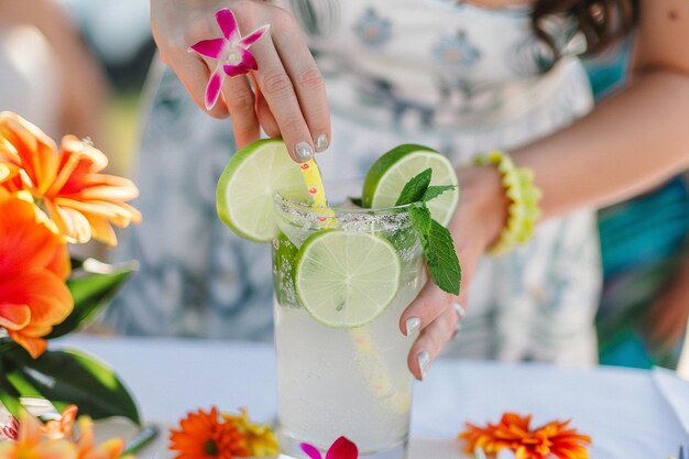 Foto un mojito que se sirve en una recepción de boda con temática tropical