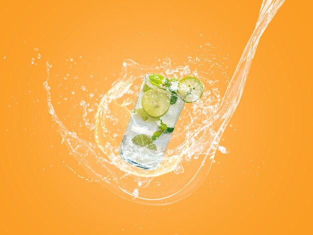 Foto mojito con salpicaduras de agua en color naranja