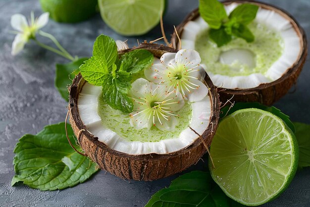 Mojito servido en una cáscara de coco con una guarnición de flores