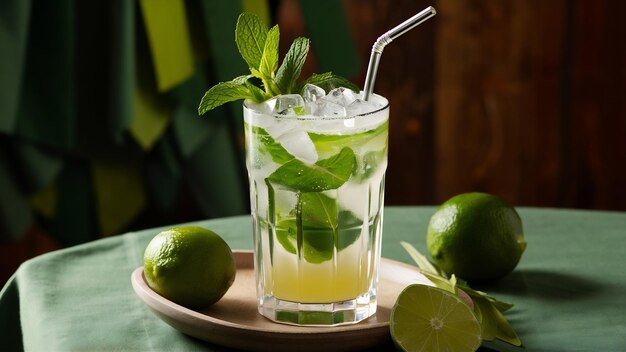 Mojito tradicional con hielo y menta en la mesa