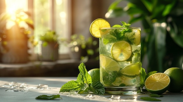 Mojito en un vaso de highball con cuñas de lima y hojas de menta en la luz AI generar ilustración