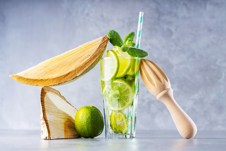 Foto mojito en vaso con limón, menta fresca y hielo