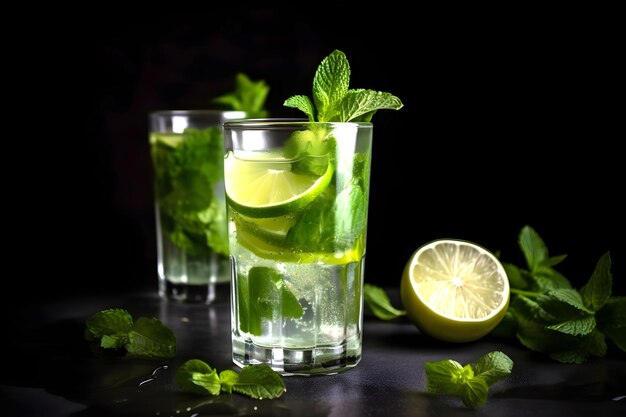 Mojito verão refrescante coquetel com gelo e hortelã em fundo preto AI gerado