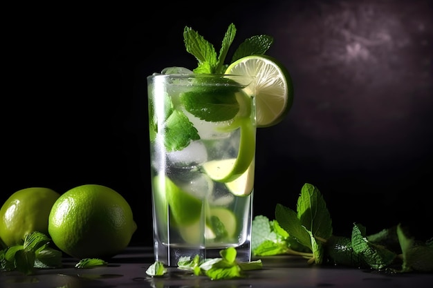 Mojito verão refrescante coquetel com gelo e hortelã em fundo preto AI gerado