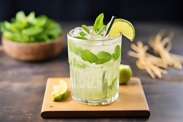 Mojito virgen con cuñas de limón en la bandeja