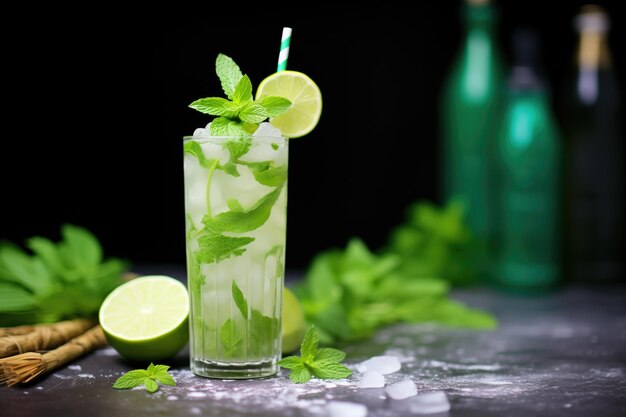 Mojito virgen junto a una pila de limas frescas y menta