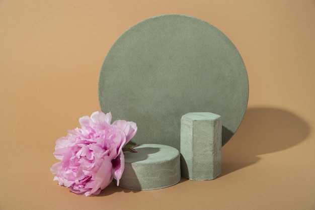 mokap com formas de concreto e flores de peônia