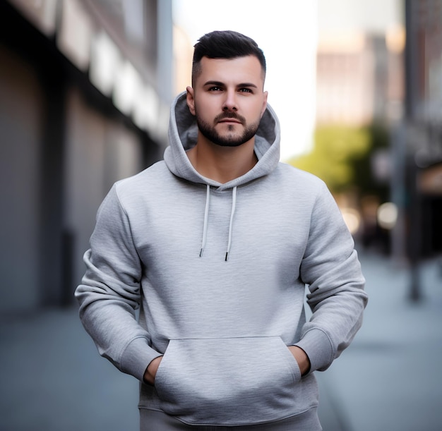 Mokkap un hombre blanco con una sudadera gris en el contexto del paisaje urbano Lugar para el diseño