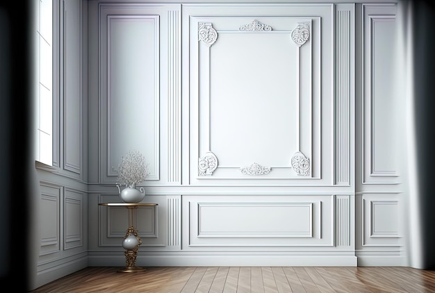 Moldagem de painéis de parede e um piso de madeira decoram um espaço branco clássico moderno vazio, uma maquete