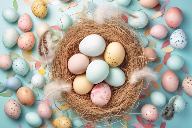 Molde do fundo do cartaz da Páscoa com ovos coloridos vibrantes em um ninho no fundo azul claro e no texto feliz da Páscoa