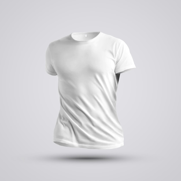 Molde do pano. Visualização de uma camiseta em branco em um corpo sem um homem com sombras no fundo branco. Pose frontal. Maquete pronta para usar em seu design