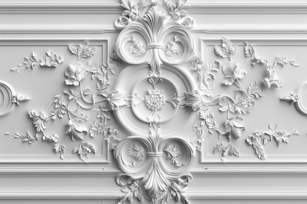 Moldeo de paneles de pared ornamentados clásicos blancos en un estilo barroco detallado