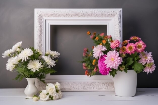 Foto moldura branca cercada com flores bonitas em vasos