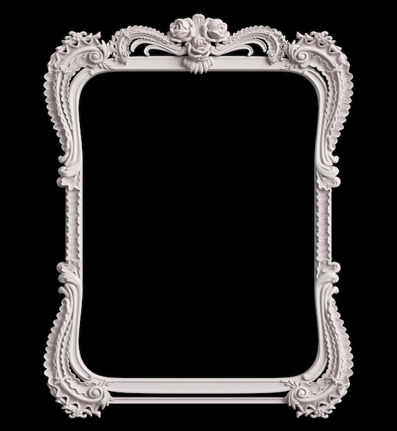Moldura branca clássica com decoração de ornamento isolada em fundo preto. Ilustração digital. Renderização 3d