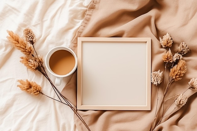 Moldura branca de café e flor seca O conceito de conforto e estética doméstica Ai gerado