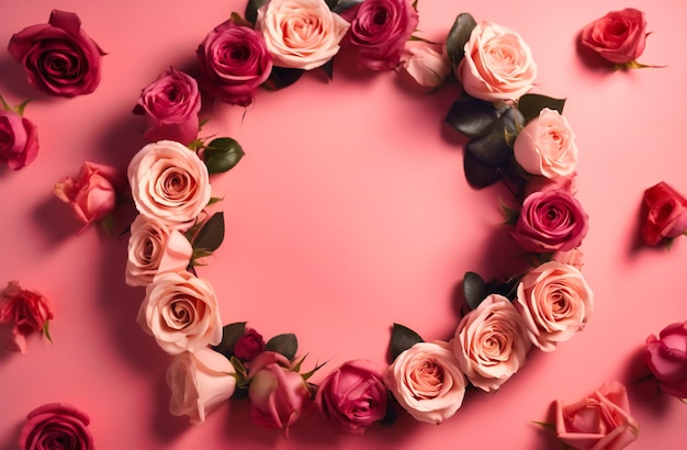 Moldura circular com rosas em fundo rosa