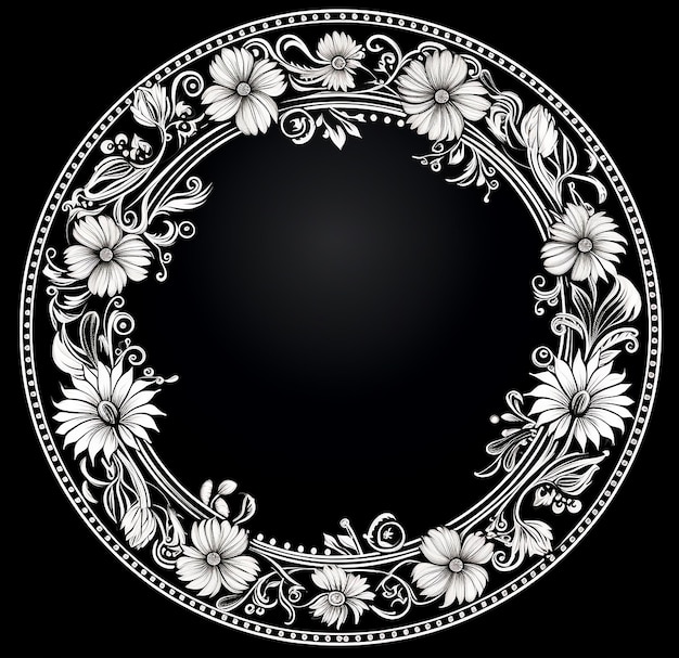 Moldura circular de arte mandala com fundo padrão floral preto d