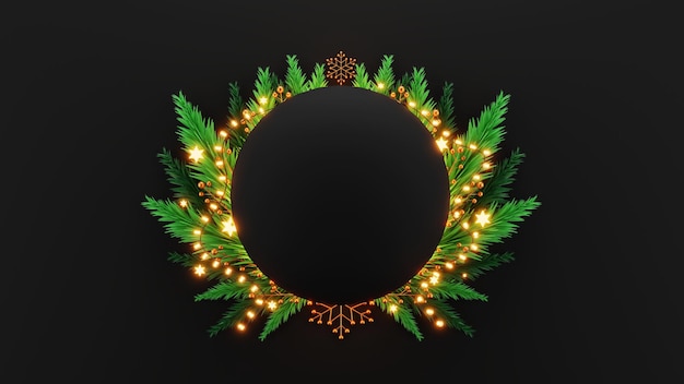 Foto moldura circular vazia decorada com folhas de abeto ou pinho, bagas douradas, floco de neve, estrelas e guirlanda de iluminação em fundo preto.