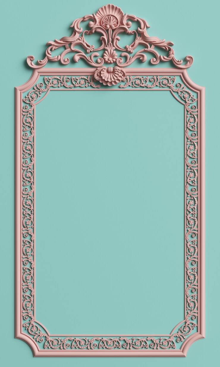 Foto moldura clássica com decoração de ornamento na cor rosa pastel na parede azul menta pastel
