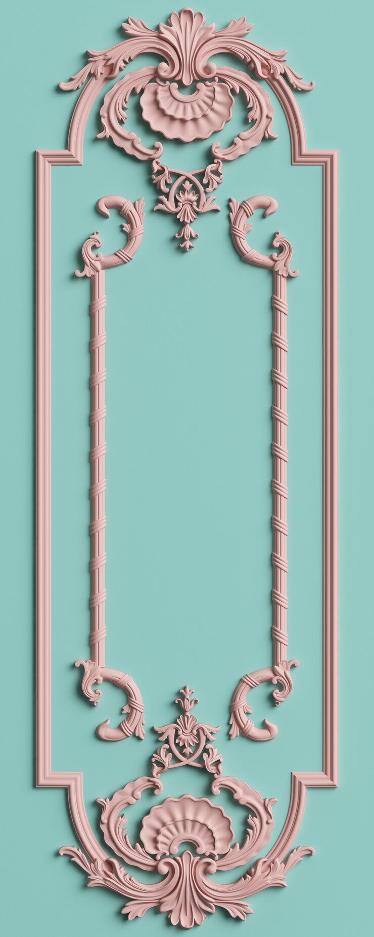 Foto moldura clássica com decoração de ornamento na cor rosa pastel na parede azul menta pastel