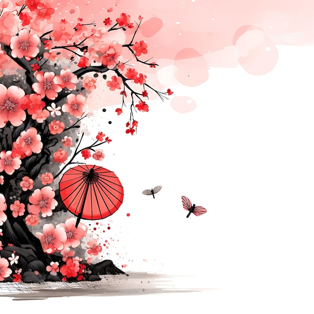 Moldura com borda de rabiscos de inspiração oriental com leque de flor de cerejeira e rabiscos criativos decorativos