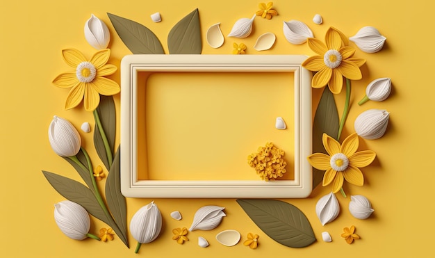 Moldura com flores de primavera em fundo amarelo Tema de primavera