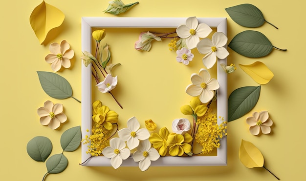 Moldura com flores de primavera em fundo amarelo Tema de primavera