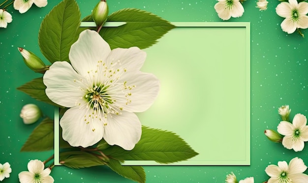 Moldura com flores de primavera em fundo verde Tema de primavera