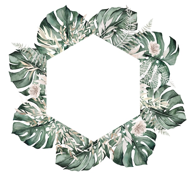 Moldura de aquarela boho de casamento com folhas tropicais verde-azuladas e ilustração de flores bege